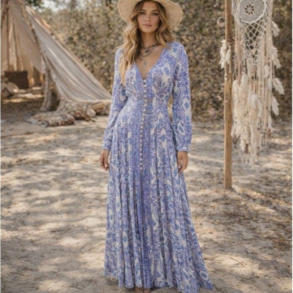 ZL Europe Boho Paisley Maxi Dress L Smocked Waist Button Front Lavender Blue